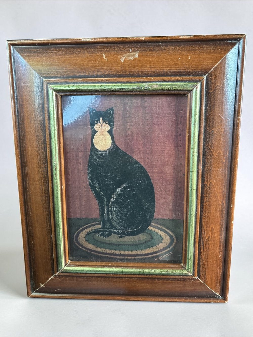 Vintage Warren Kimble Framed 5x7 Cat Print Black Cat With Bib Folk Art Americana